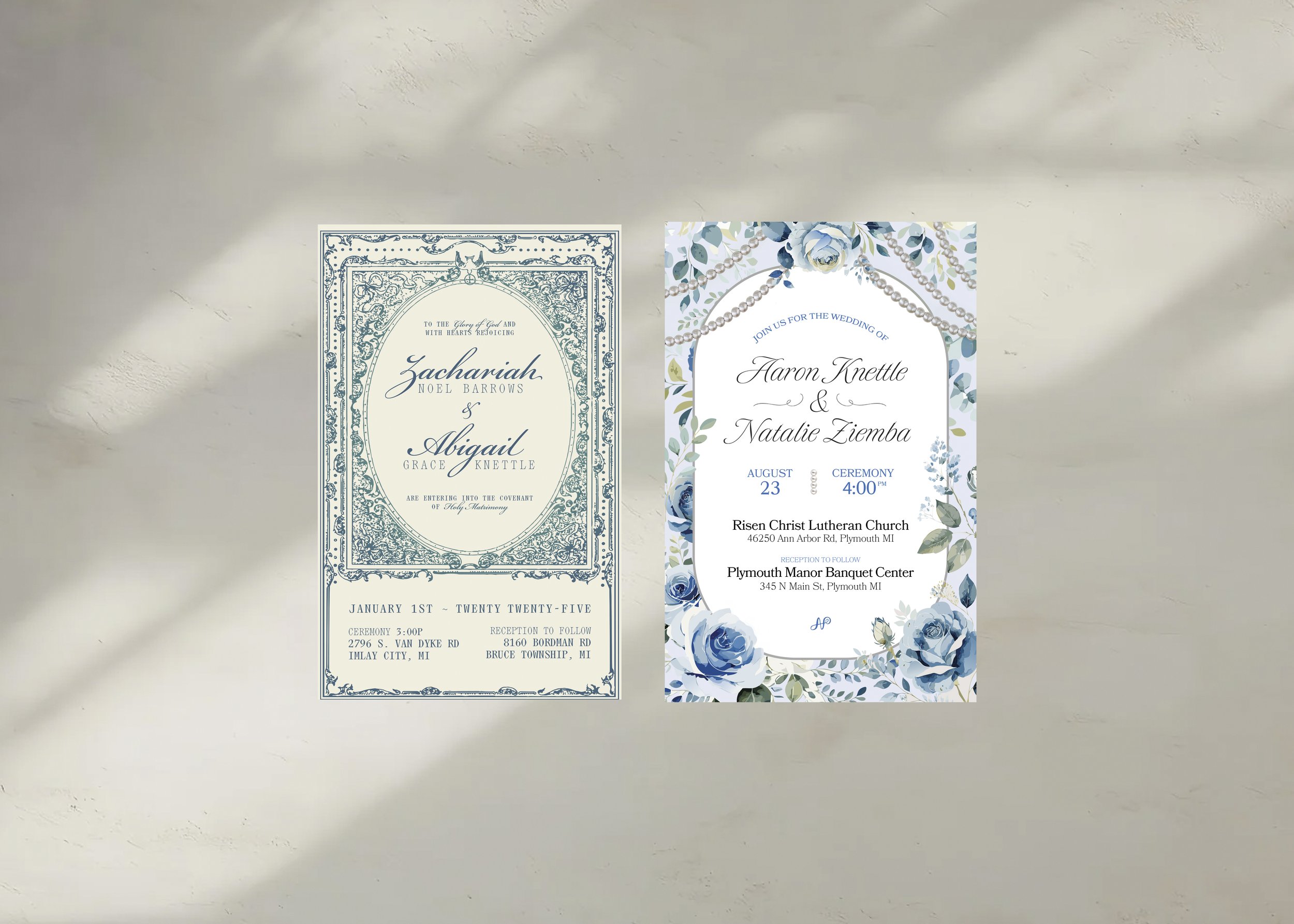 Two wedding invitations on a white surface, one with a blue ornate border and the other with a floral design and pearls.