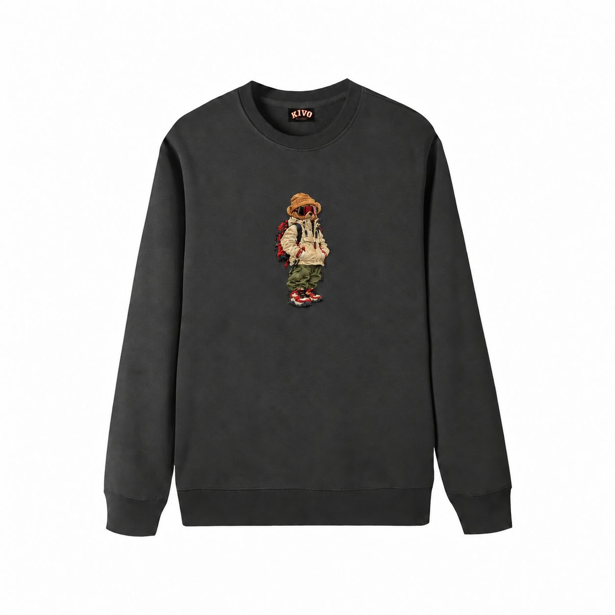 KIVO Adventure Bear Embroidered Crewneck – Charcoal