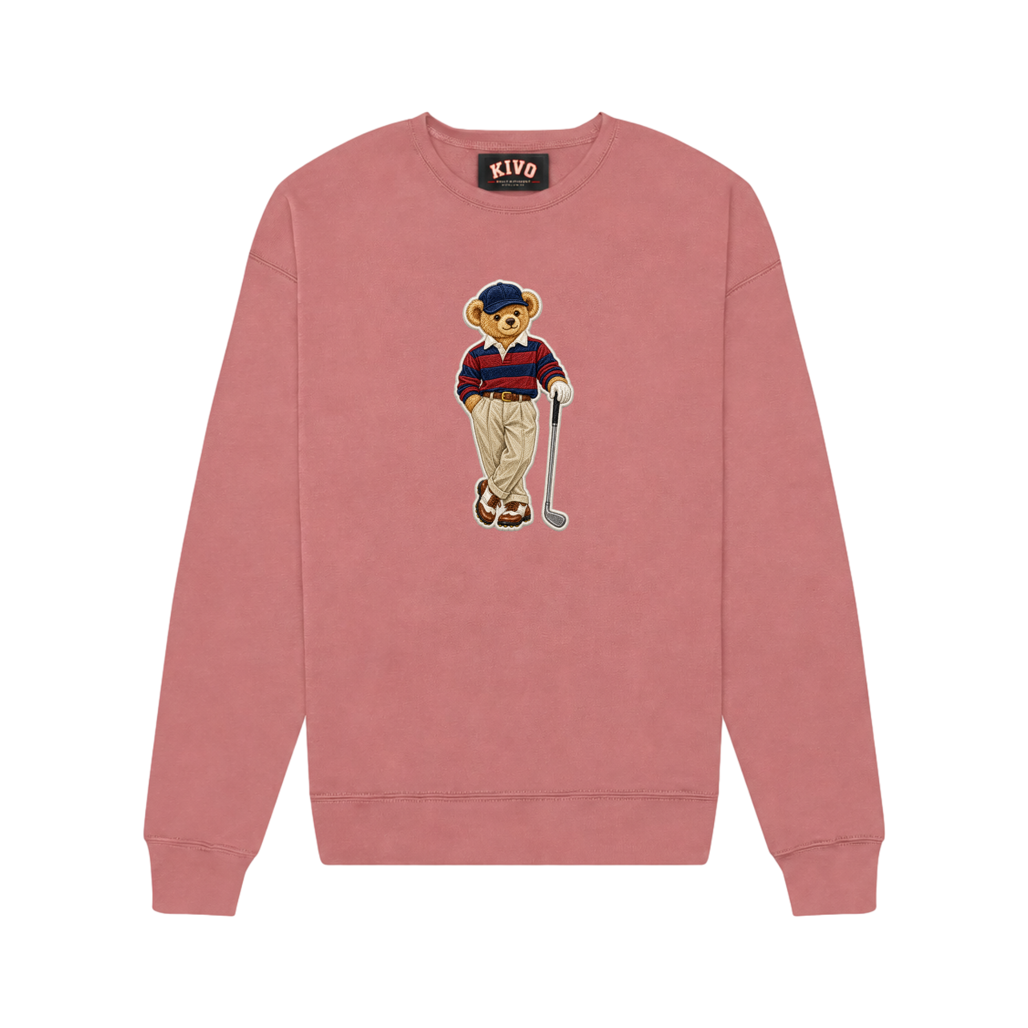 KIVO Fairway Embroidered Bear Crewneck — Peach