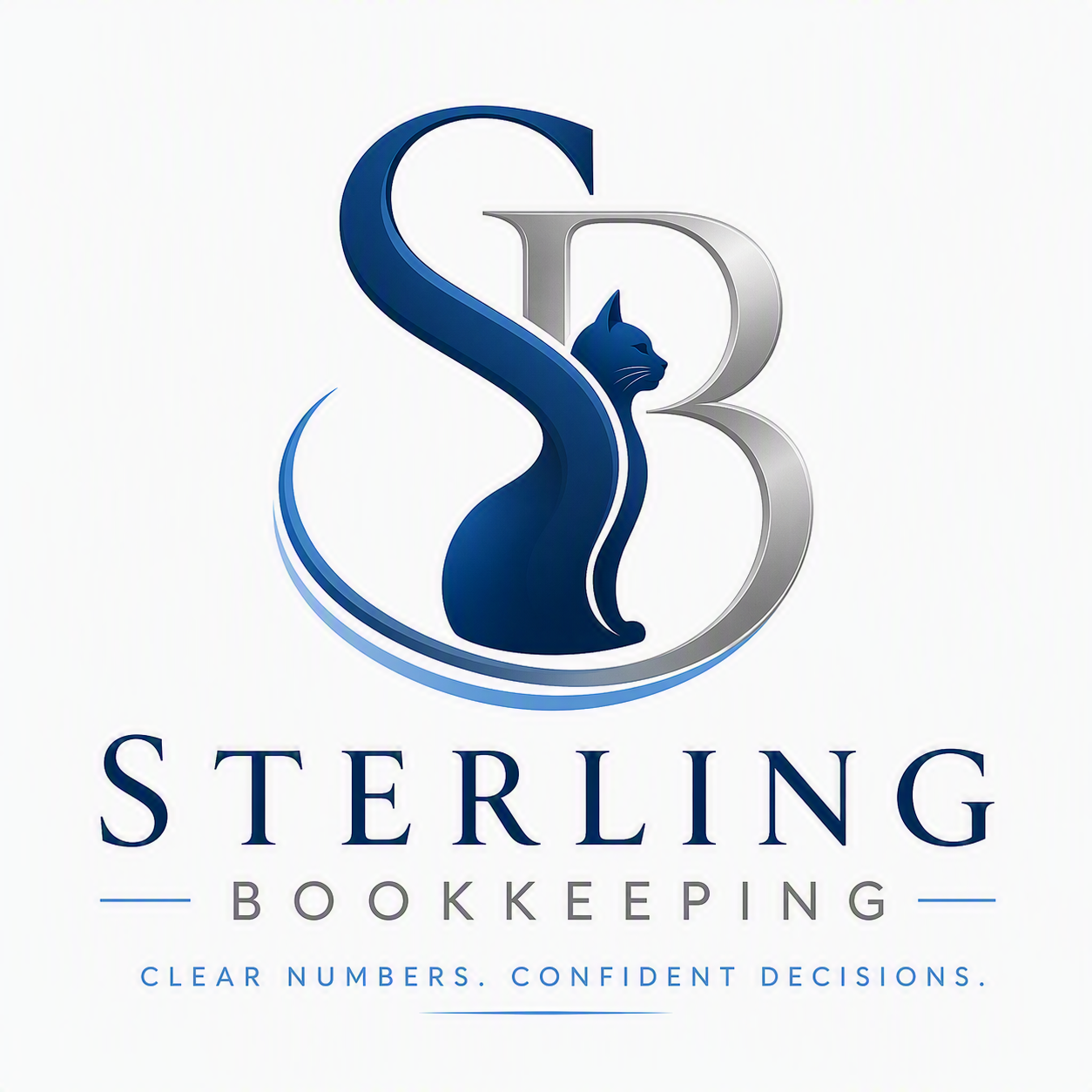 Sterling Bookkeeping logo featuring a stylized letter 'S' with a cat silhouette inside, and the words 'Sterling Bookkeeping' with the tagline 'Clear Numbers. Confident Decisions.'