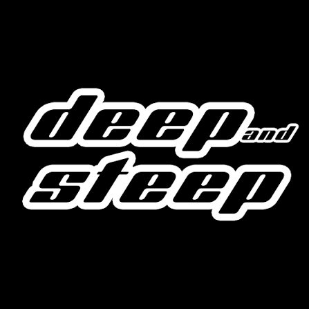 Logo with the words 'deep and step' in stylized white text on a black background.