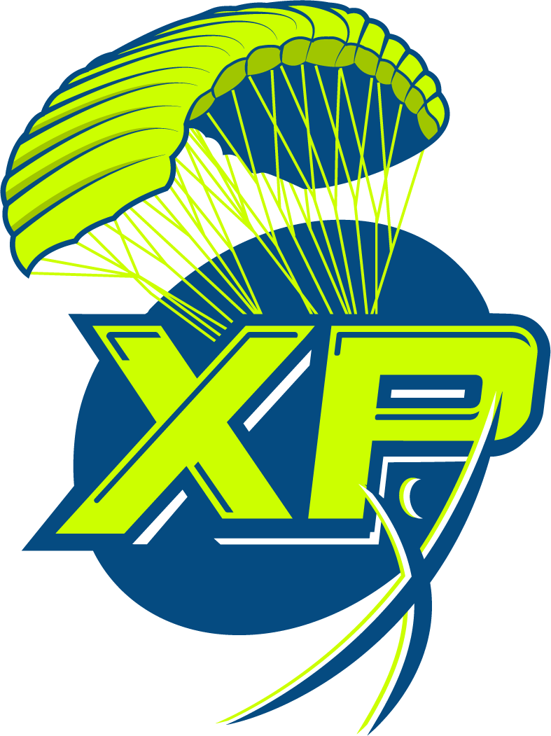 Graphic of a parachute above a blue circular shape with the text 'XP' in large yellow-green letters, and a small curved line resembling a crescent moon or a swoosh.