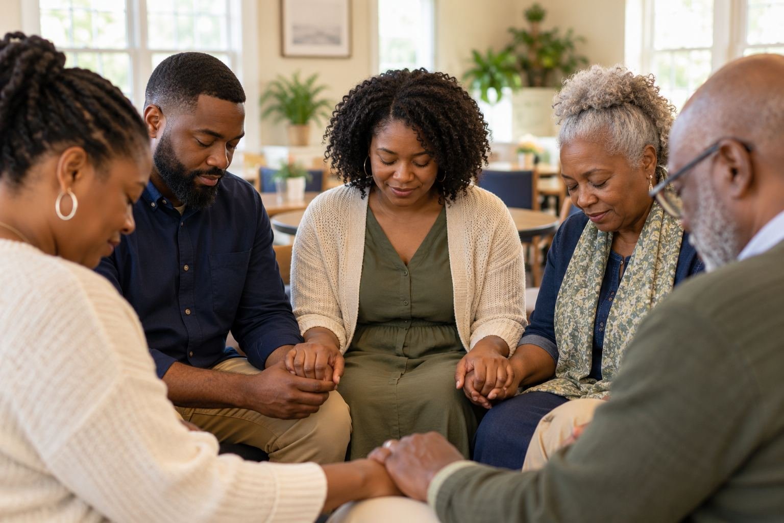 African American adults praying together (illustrative image).