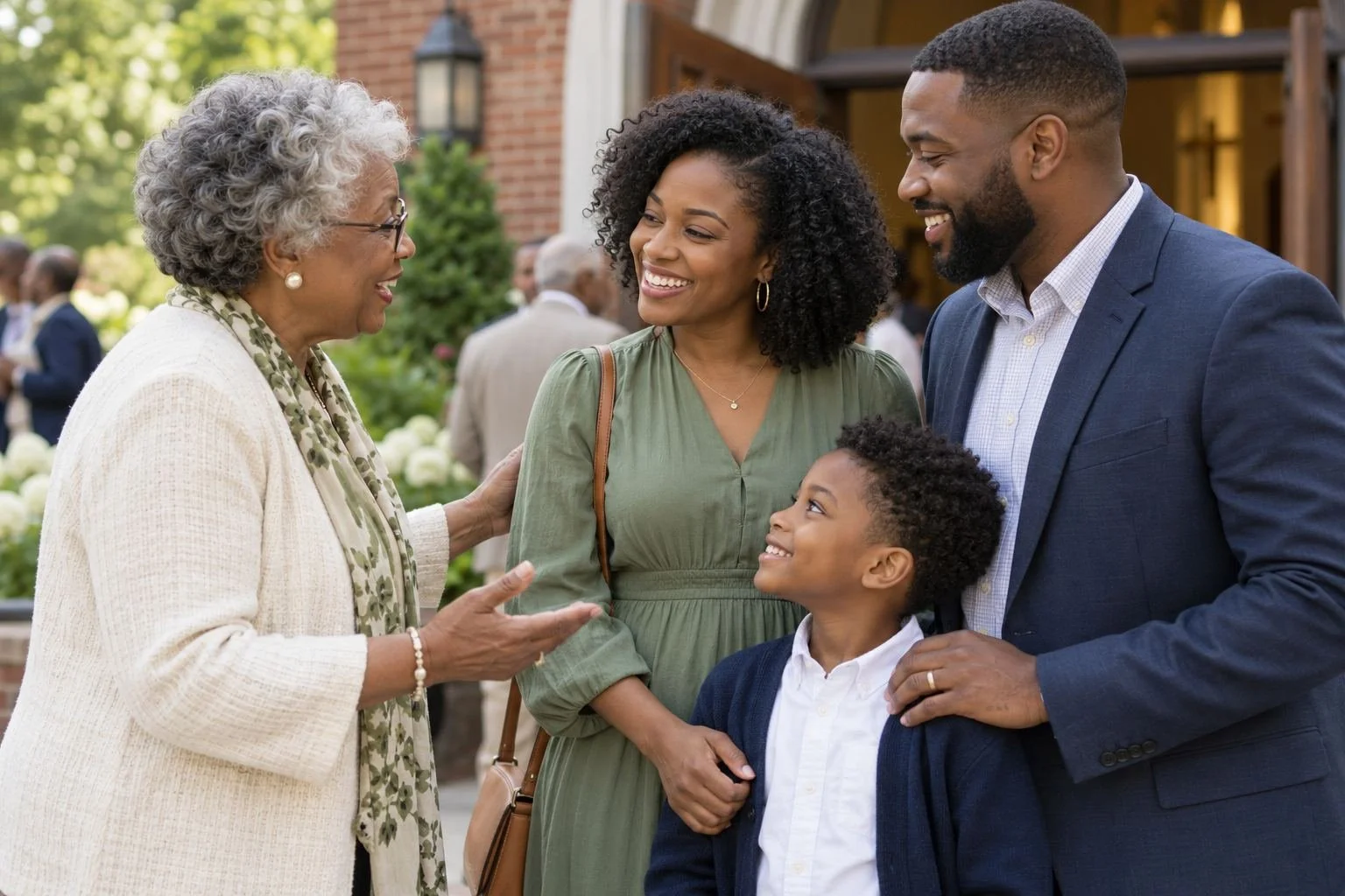 African American church member welcoming a family after worship (illustrative image).