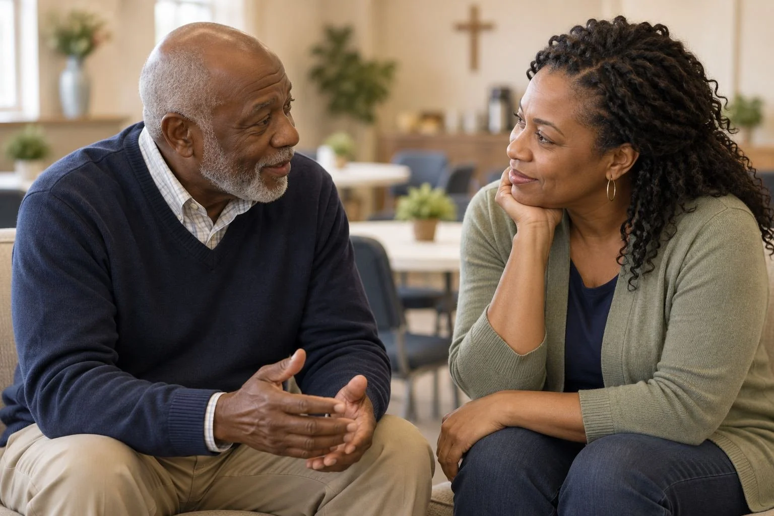 African American church members sharing a caring conversation (illustrative image).