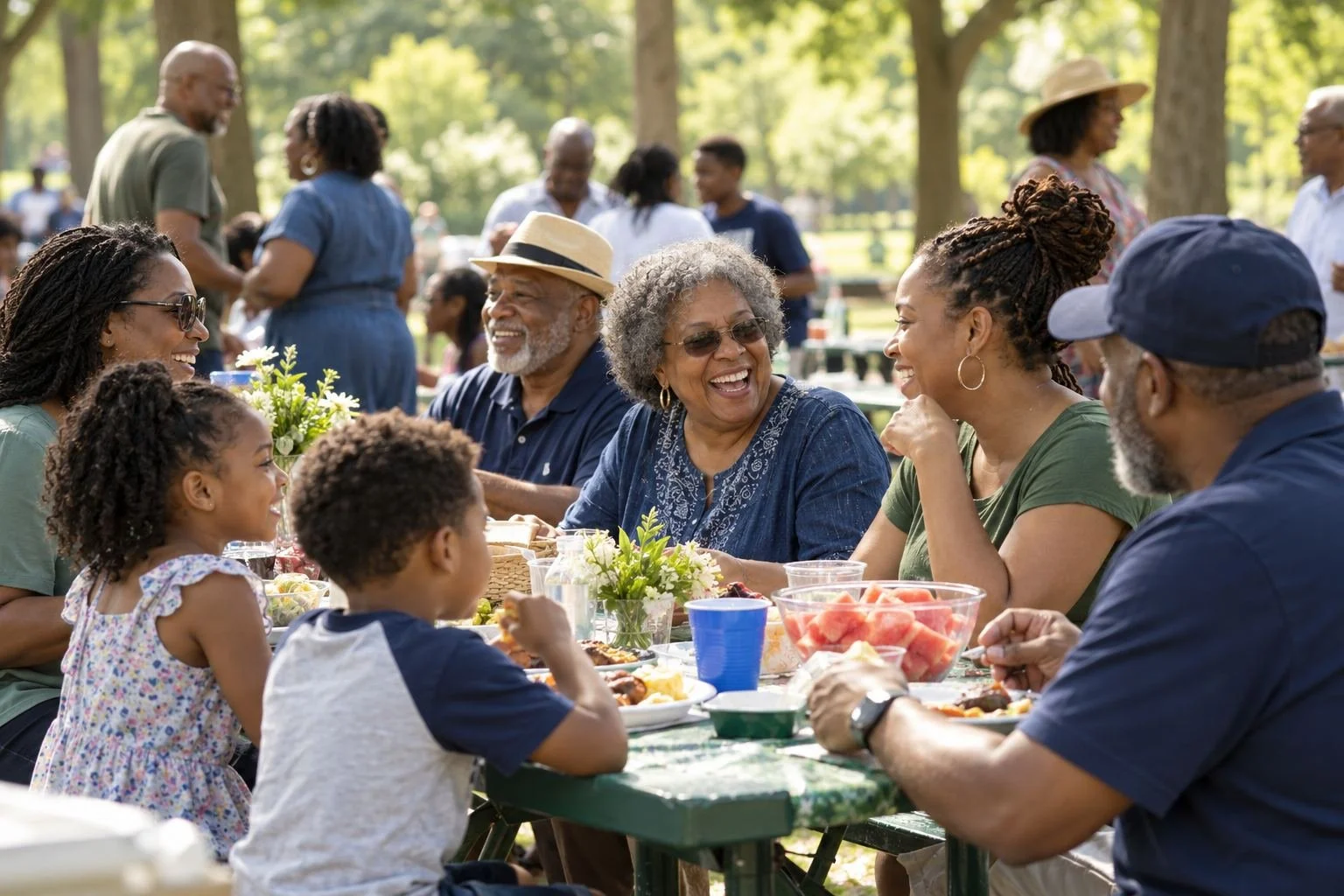 African American families and elders sharing a community picnic (illustrative image).