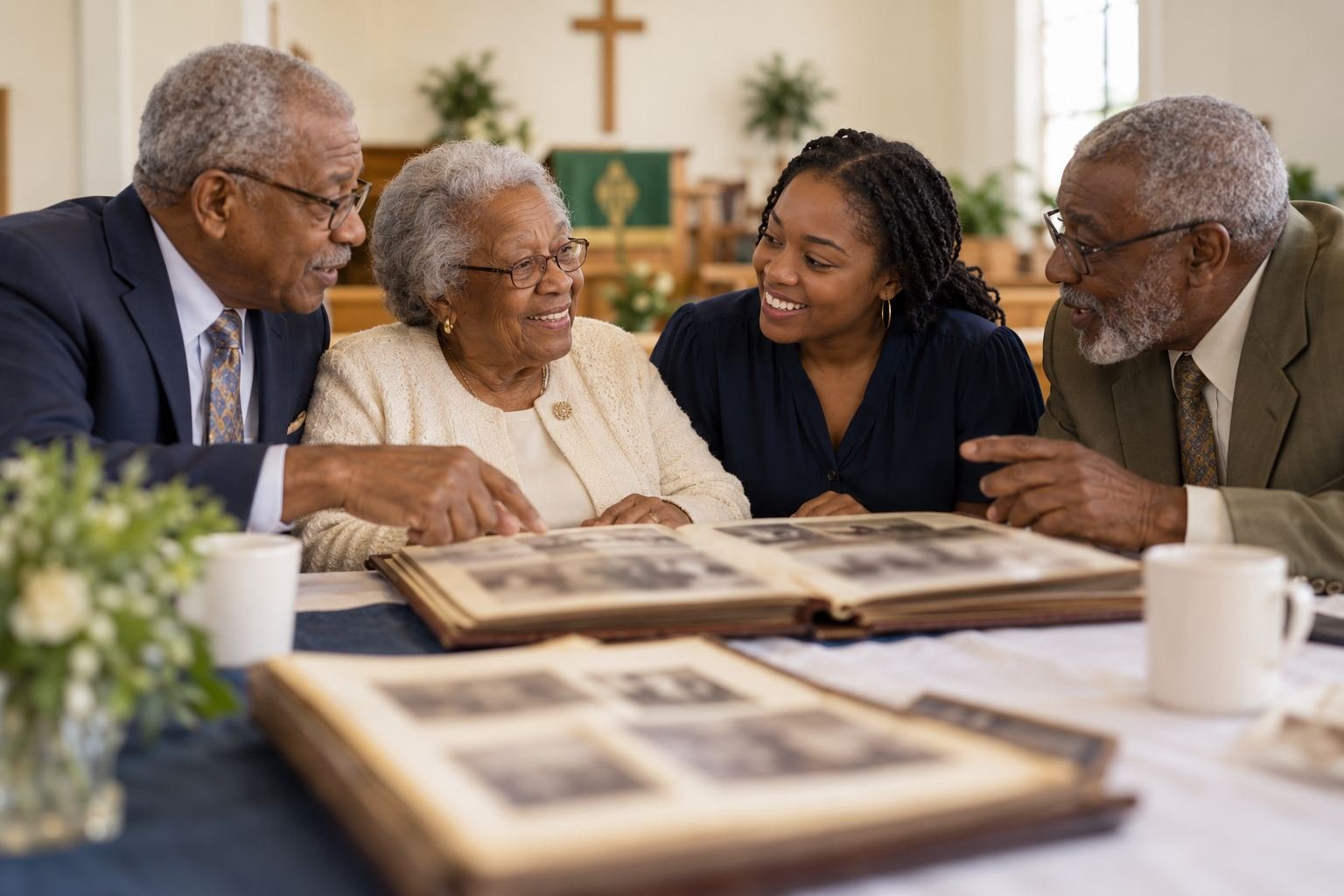 African American church elders sharing memories around photo albums (illustrative image).