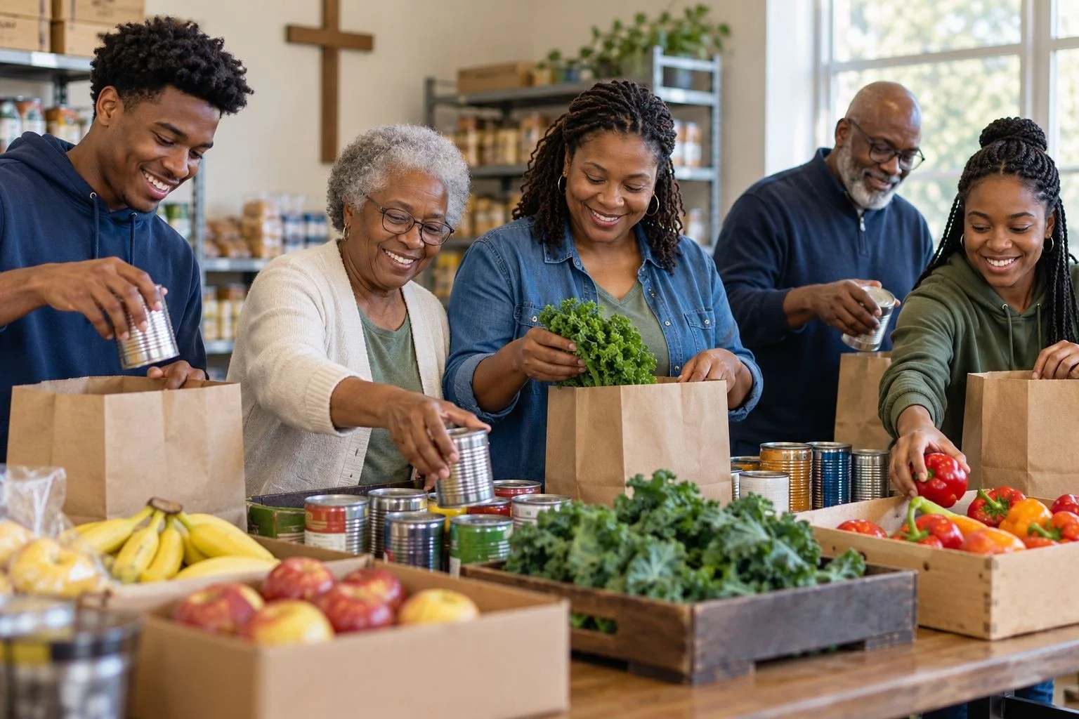African American volunteers preparing grocery bags at a food pantry (illustrative image).