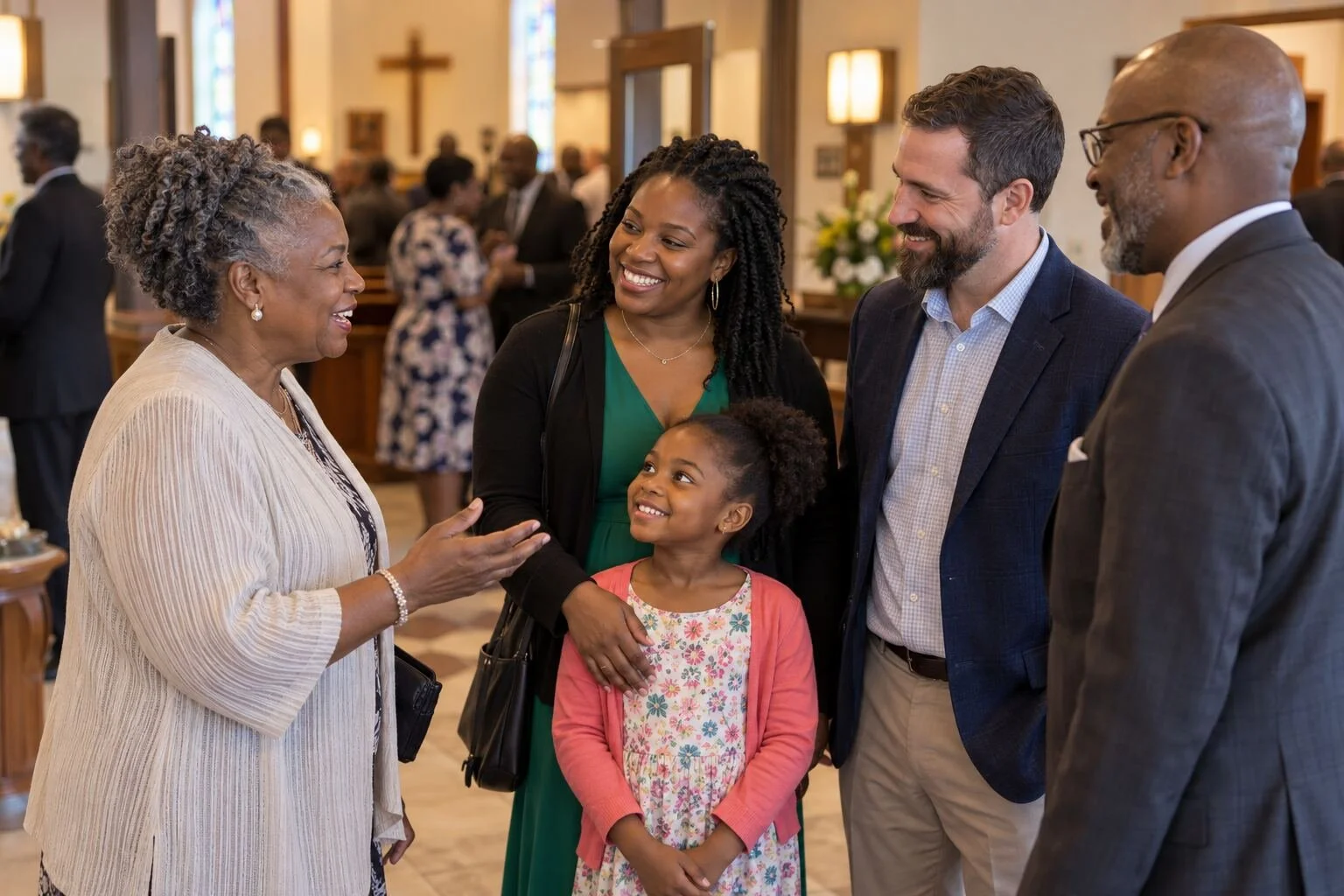Church members welcoming a family after worship, with Black members and a white father (illustrative image).