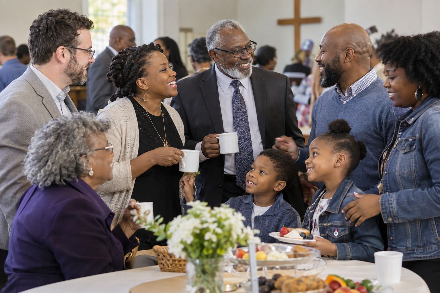 Black and white church members sharing fellowship around a table (illustrative image).