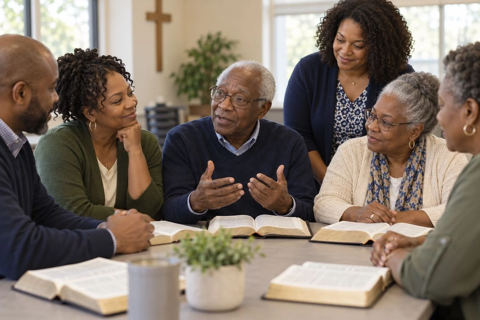 African American adults studying the Bible together (illustrative image).