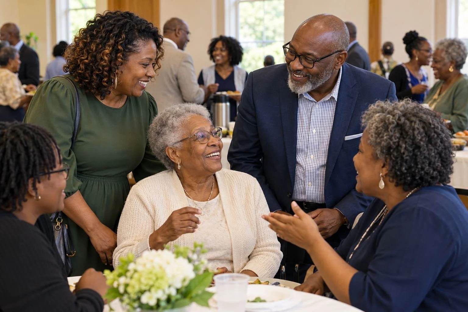 African American church members sharing fellowship after worship (illustrative image).