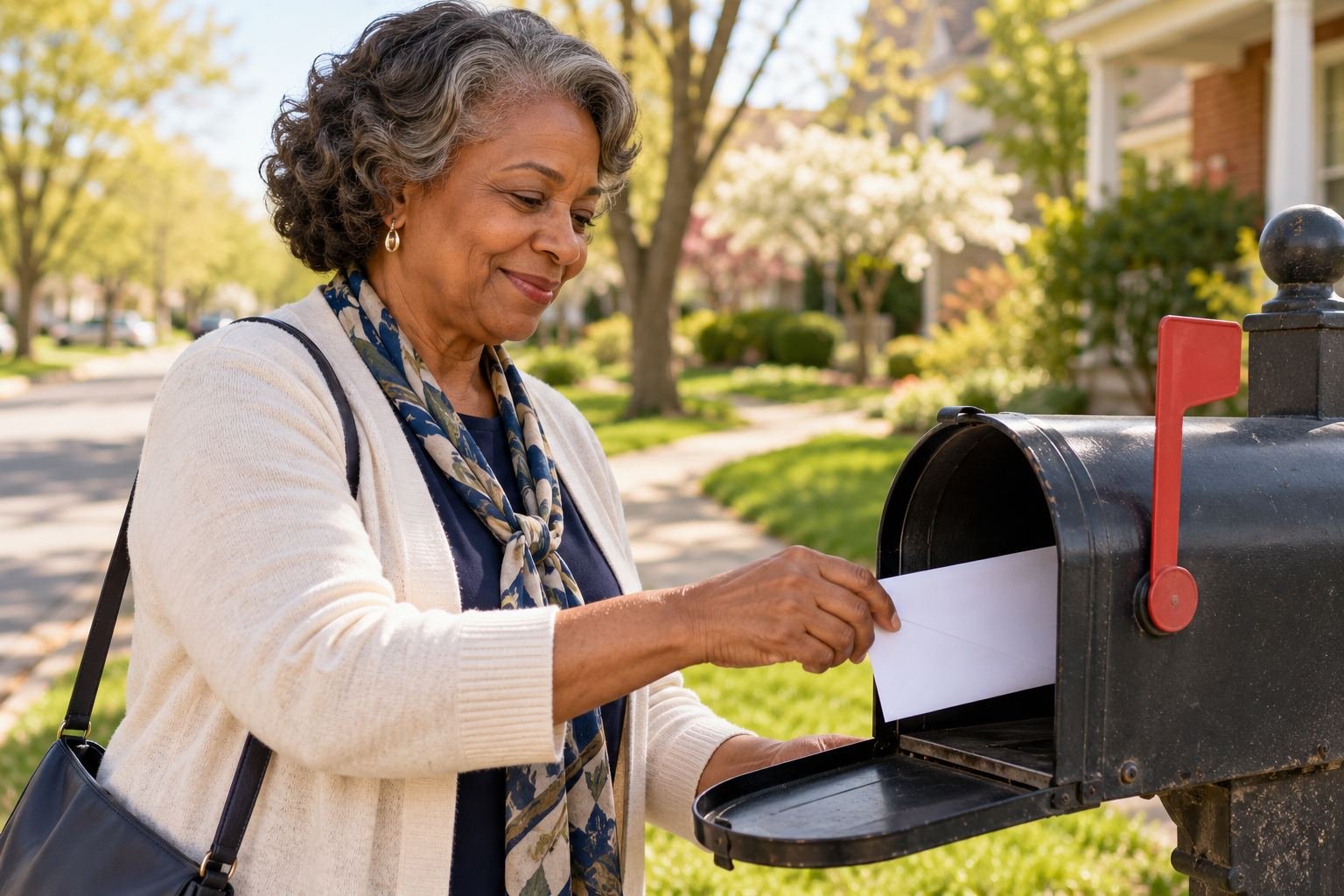 African American church member mailing a contribution (illustrative image).