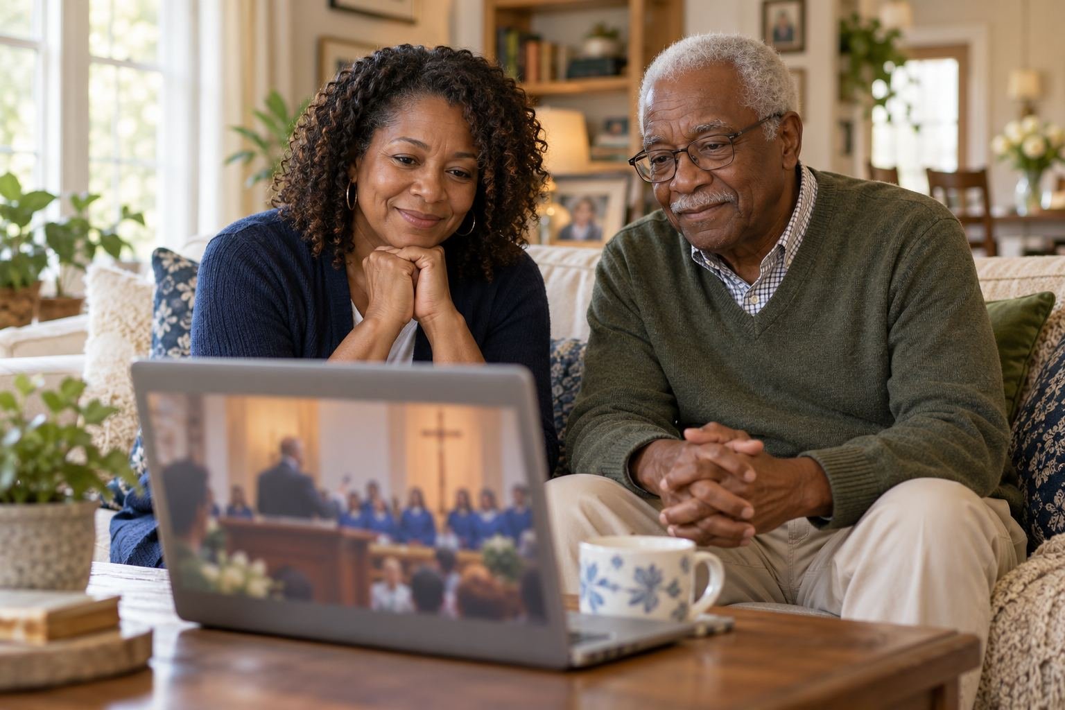 African American family watching church worship online at home (illustrative image).