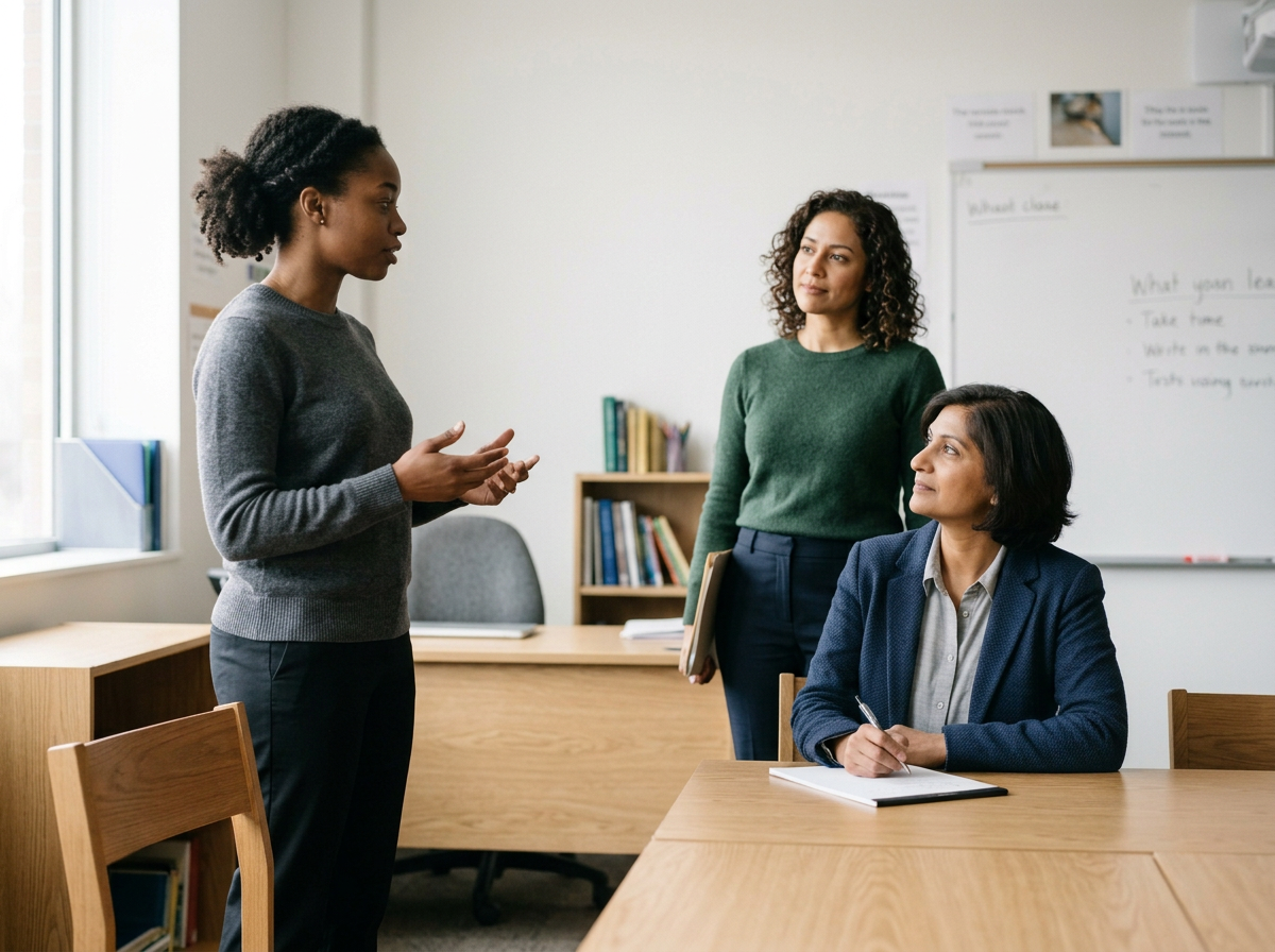 Three women in an office or classroom setting; one woman is speaking while standing, and two women are seated and listening, with one holding a pen and notepad and the other holding a book.
