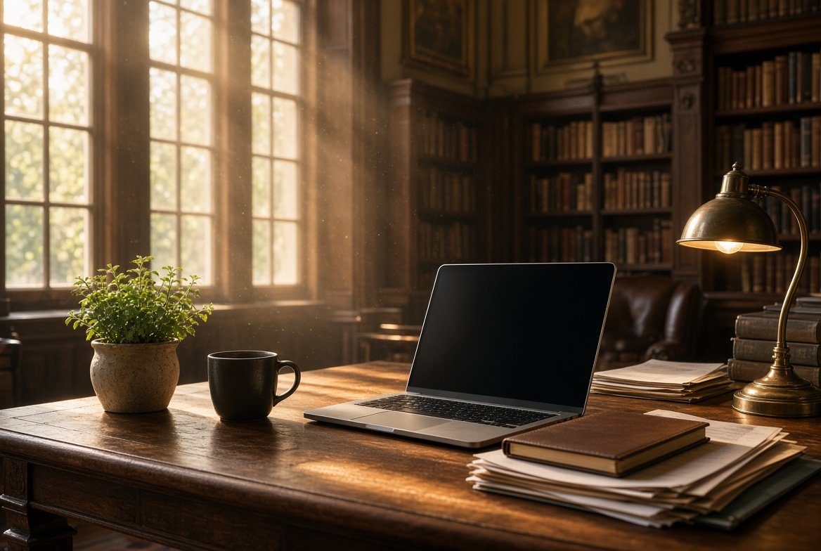 A well-lit, vintage-style library room with large windows, a wooden desk with a laptop, a potted plant, a cup, a stack of papers, and a brass desk lamp.