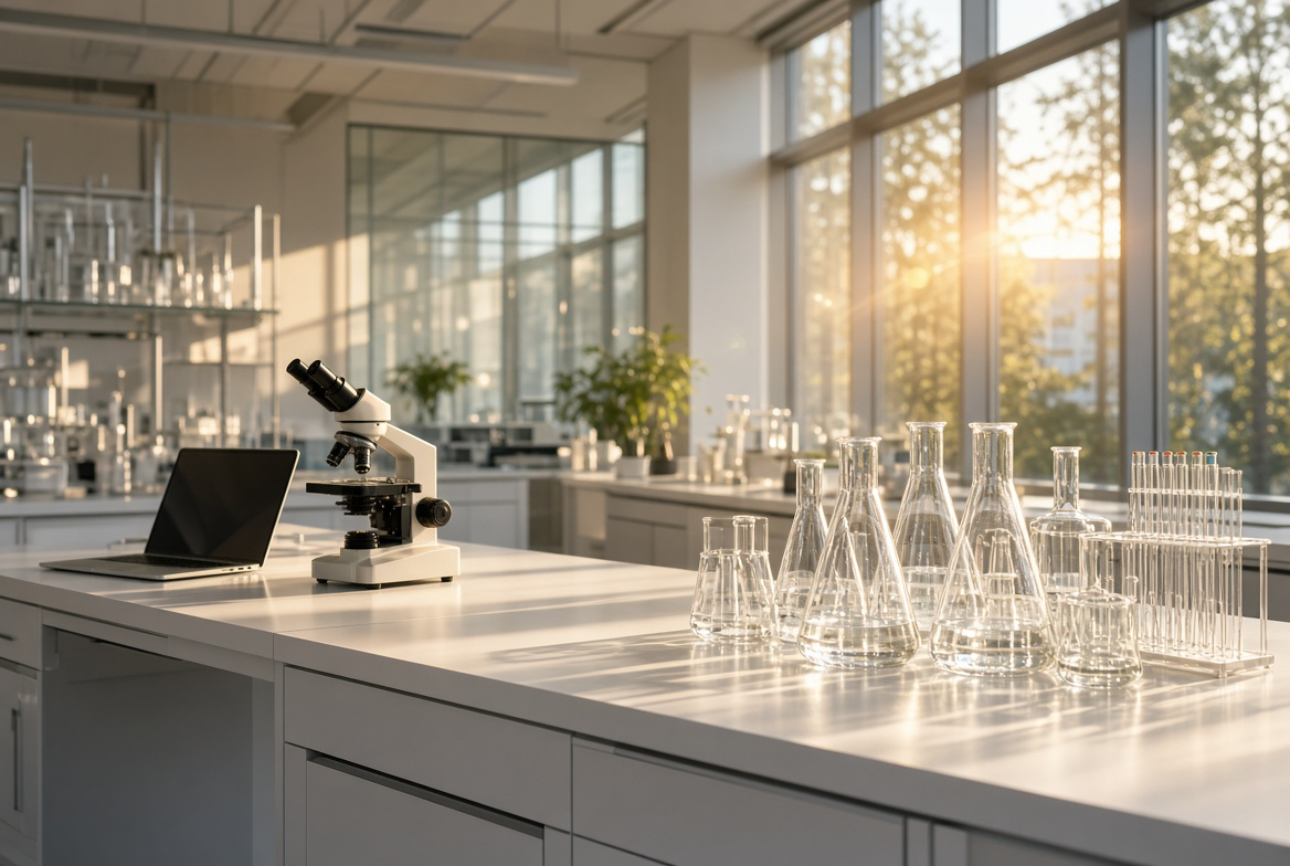 A modern biology laboratory with glassware on a white counter, a microscope, and a laptop, illuminated by sunlight through large windows.