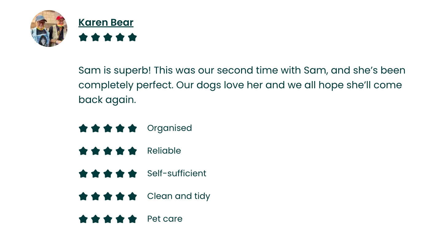 Customer review for Sam, with a profile picture of a woman and two children, giving a 5-star rating for pet care services.