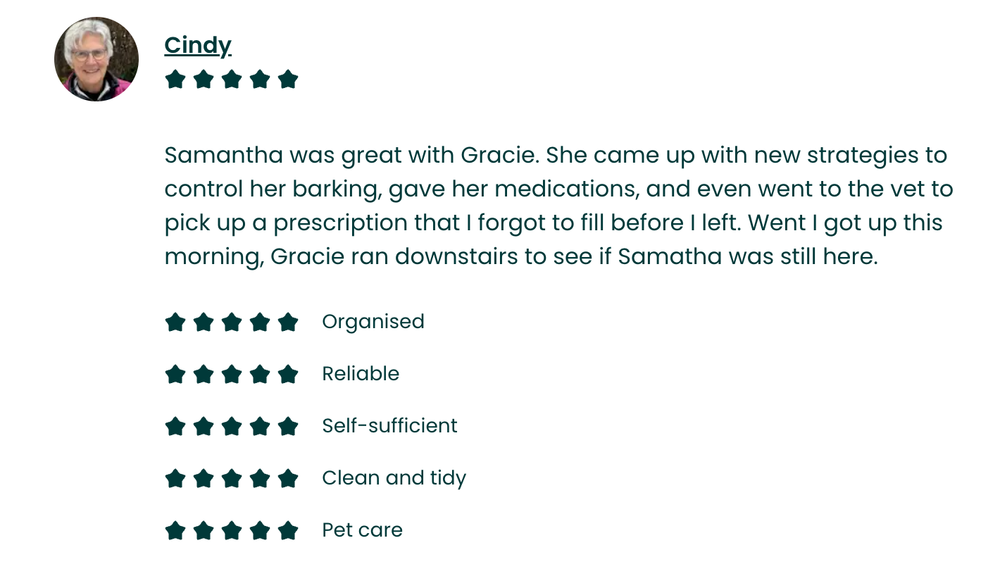 A customer review webpage with a profile picture of an elderly woman with white hair and glasses, named Cindy. The review includes five-star ratings for several categories including organized, reliable, self-sufficient, clean and tidy, and pet care, with a written testimonial praising Samantha's care for her dog Gracie.