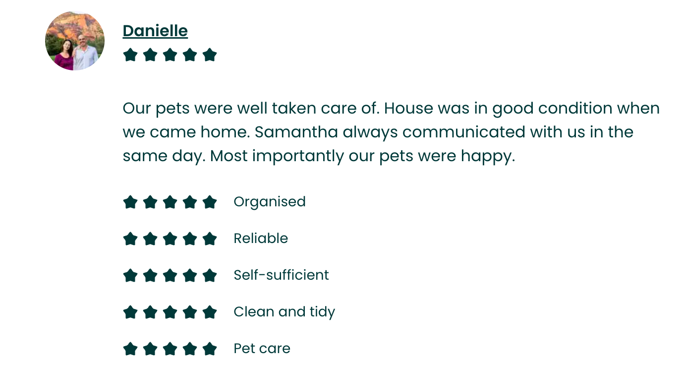 Screenshot of a pet care review with a profile picture, star ratings, and comments from Danielle.