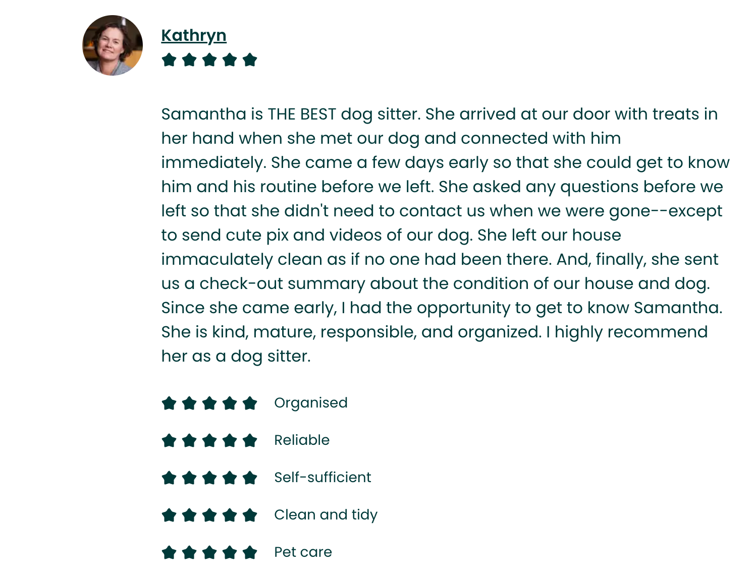 Customer review of a dog sitting service, including a photo of the dog sitter, star ratings, and a detailed positive testimonial praising the dog sitter's reliability, kindness, and responsibility.