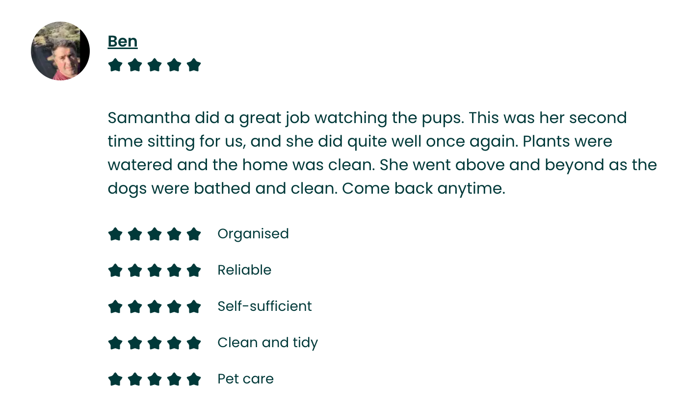Customer review with profile picture, five-star rating, and comments about pet sitting service.