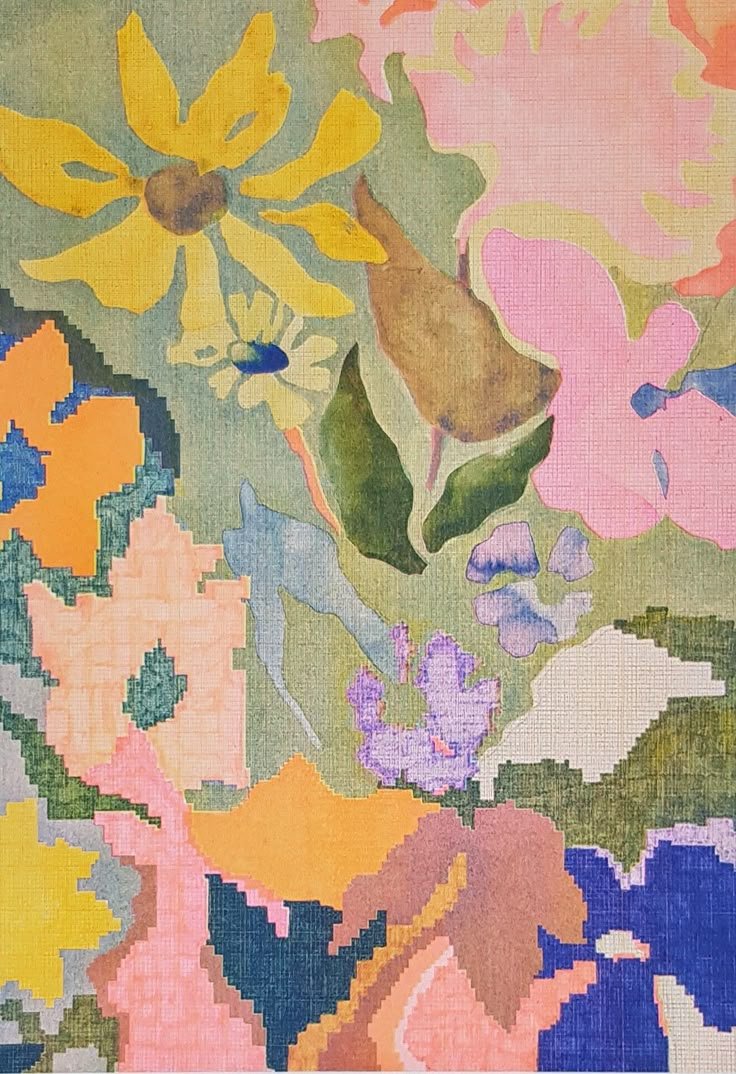 A colorful, pixelated floral pattern with various flowers in shades of yellow, pink, purple, blue, and green.