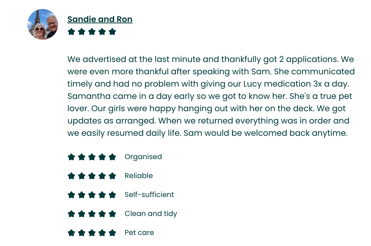 Customer review for Sandie and Ron, five-star rating with a photo of a smiling couple in front of the Eiffel Tower, five-star ratings for their pet care service, praising their organization, reliability, self-sufficiency, cleanliness, and pet care.