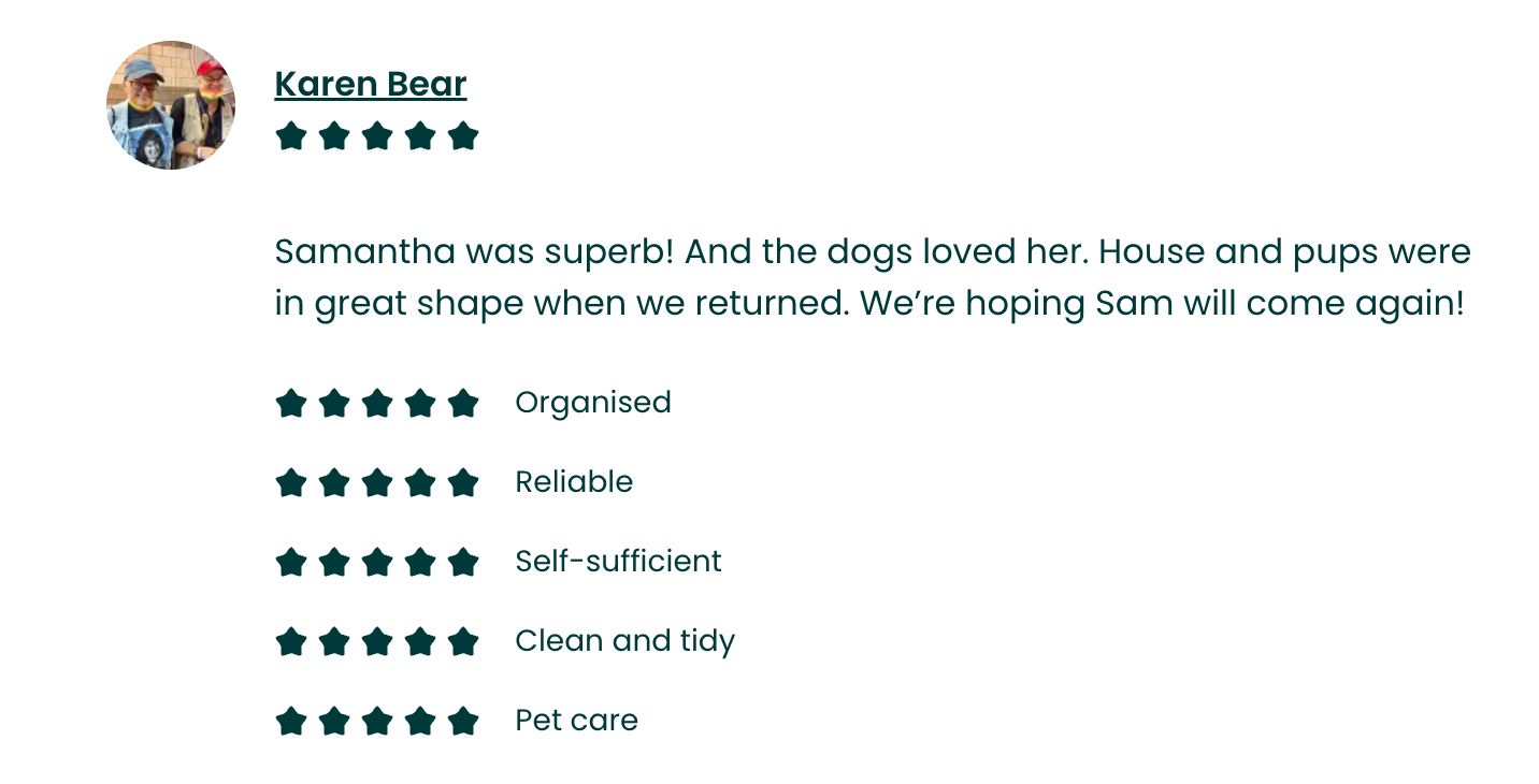Customer review of a pet care service with a five-star rating, praising the care of dogs, house, and pups, with individual ratings for organization, reliability, self-sufficiency, cleanliness, and pet care.