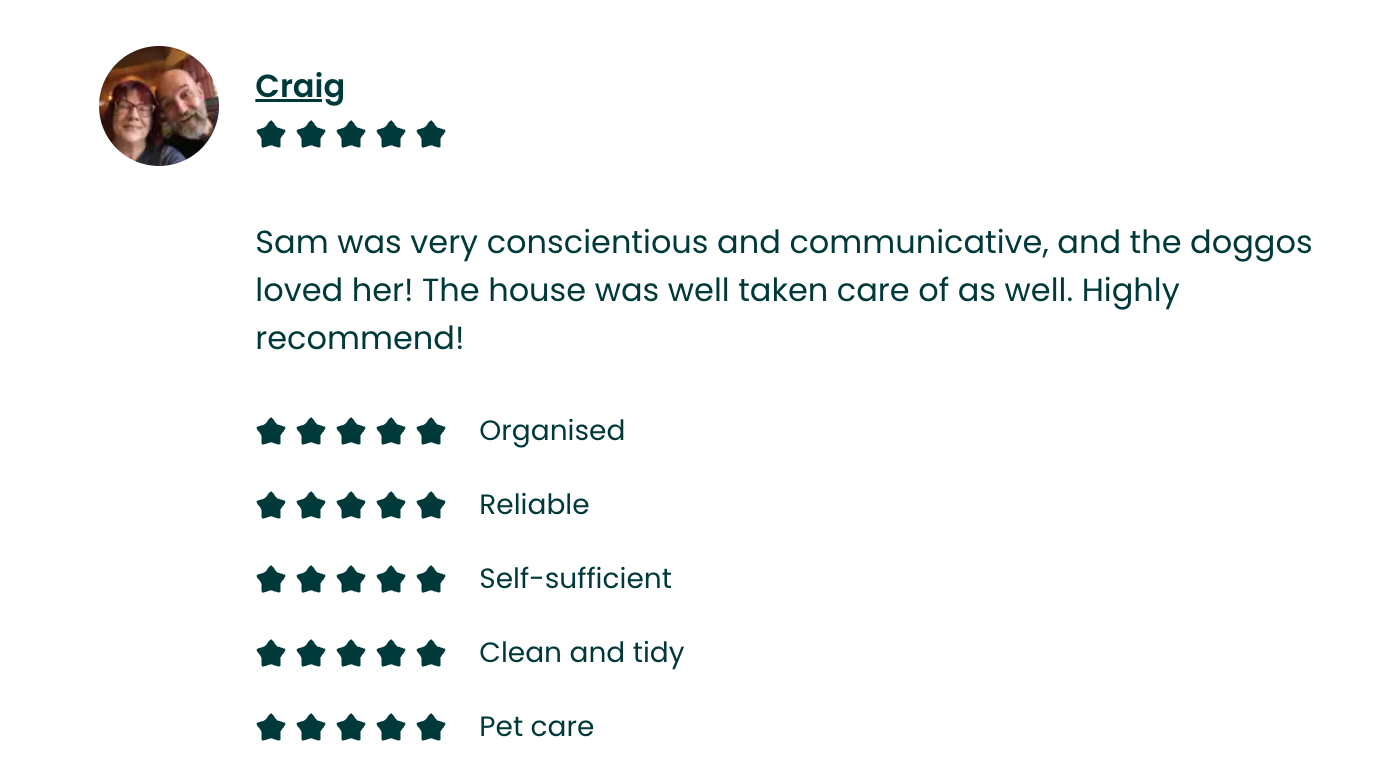 Screenshot of a review for a dog care service with five-star ratings and positive comments about the caregiver, including notes on organization, reliability, self-sufficiency, cleanliness, and pet care.