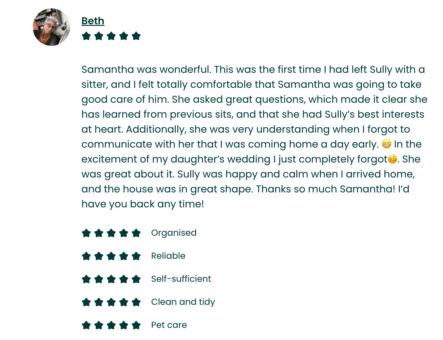 Customer review with profile picture of a woman holding a dog, rating stars, and positive feedback about pet care service, including a list of quality traits rated with stars.