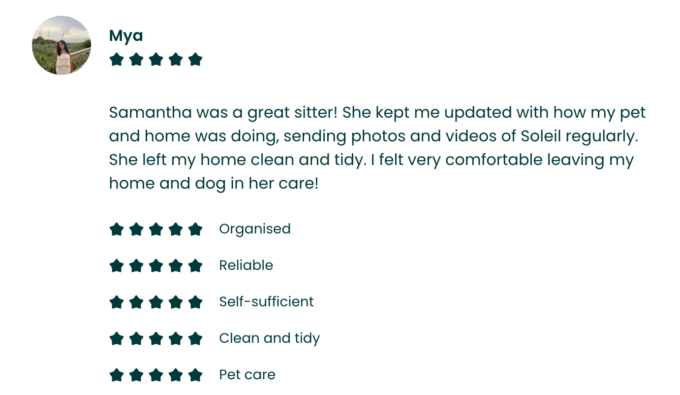 Customer review for pet sitting service with 5-star ratings and positive feedback.
