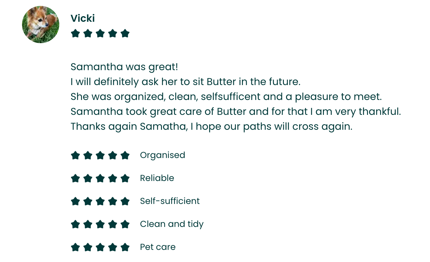 Customer review with a photo of a puppy, five-star rating, and written positive feedback about a pet care service.