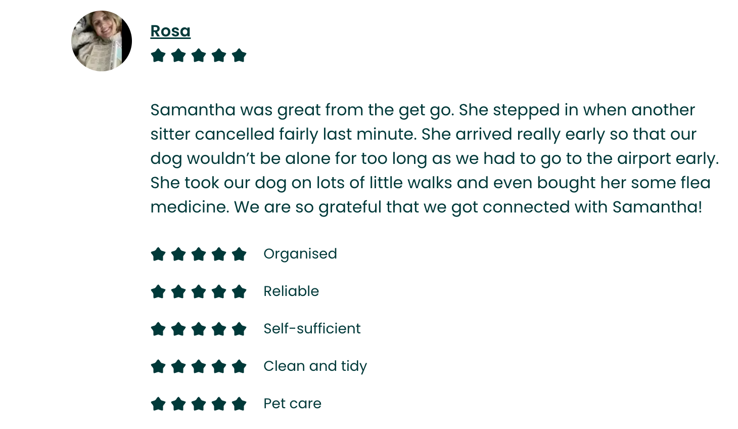 Screenshot of a customer review for Rosa, including a profile picture of a smiling woman, a five-star rating, and text praising her for being organized, reliable, self-sufficient, clean, tidy, and pet care.