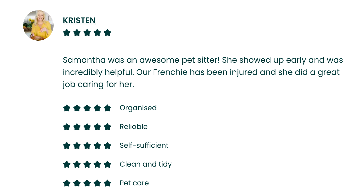 A review page with a profile picture of a woman in a yellow shirt, five-star rating, and a testimonial praising Samantha for pet sitting. The testimonial highlights her helpfulness, reliability, organization, self-sufficiency, cleanliness, and pet care skills.