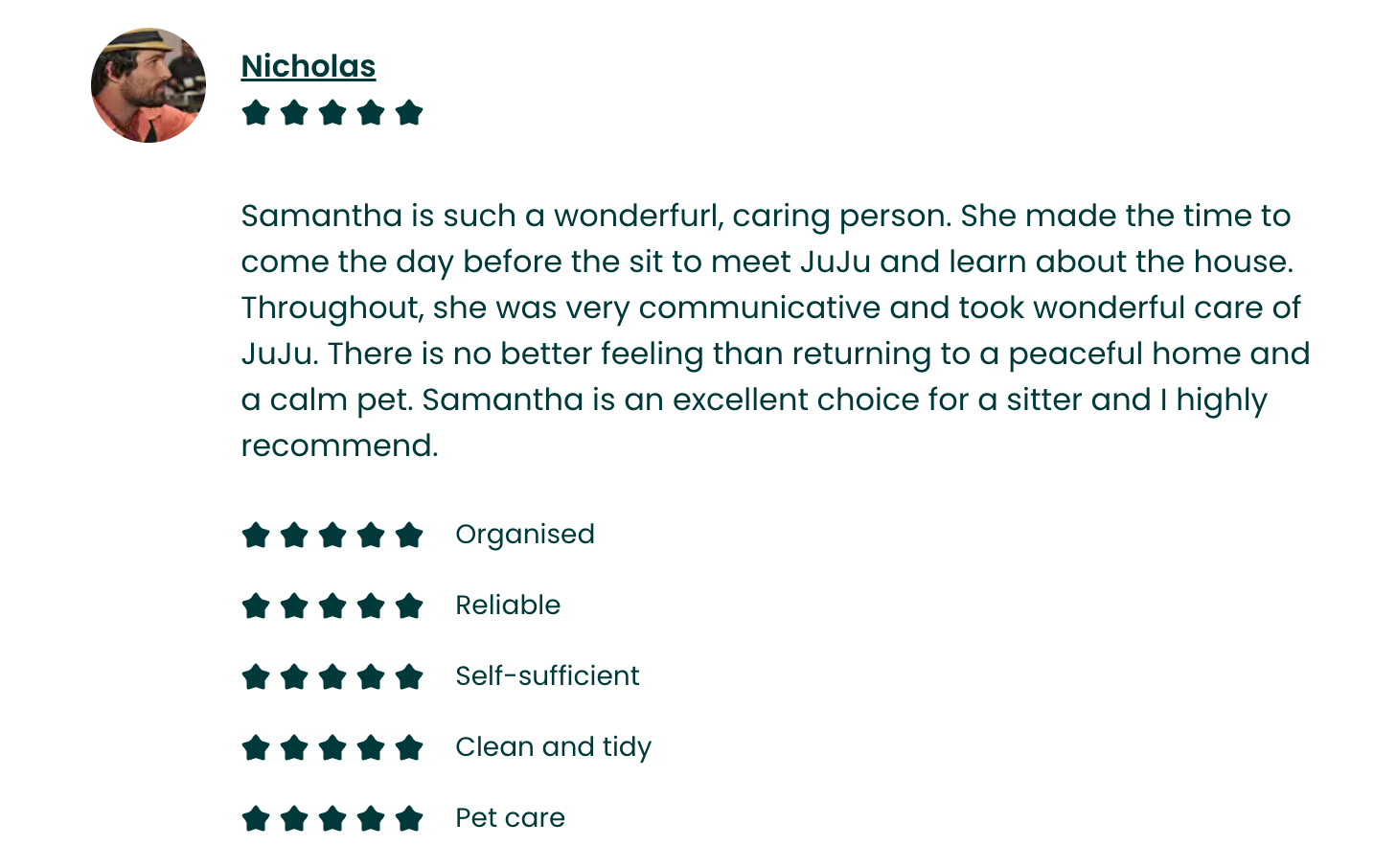 Customer review for Samantha, describing her as a caring and communicative person who took good care of JuJu. The review includes five-star ratings for organization, reliability, self-sufficiency, cleanliness, and pet care.