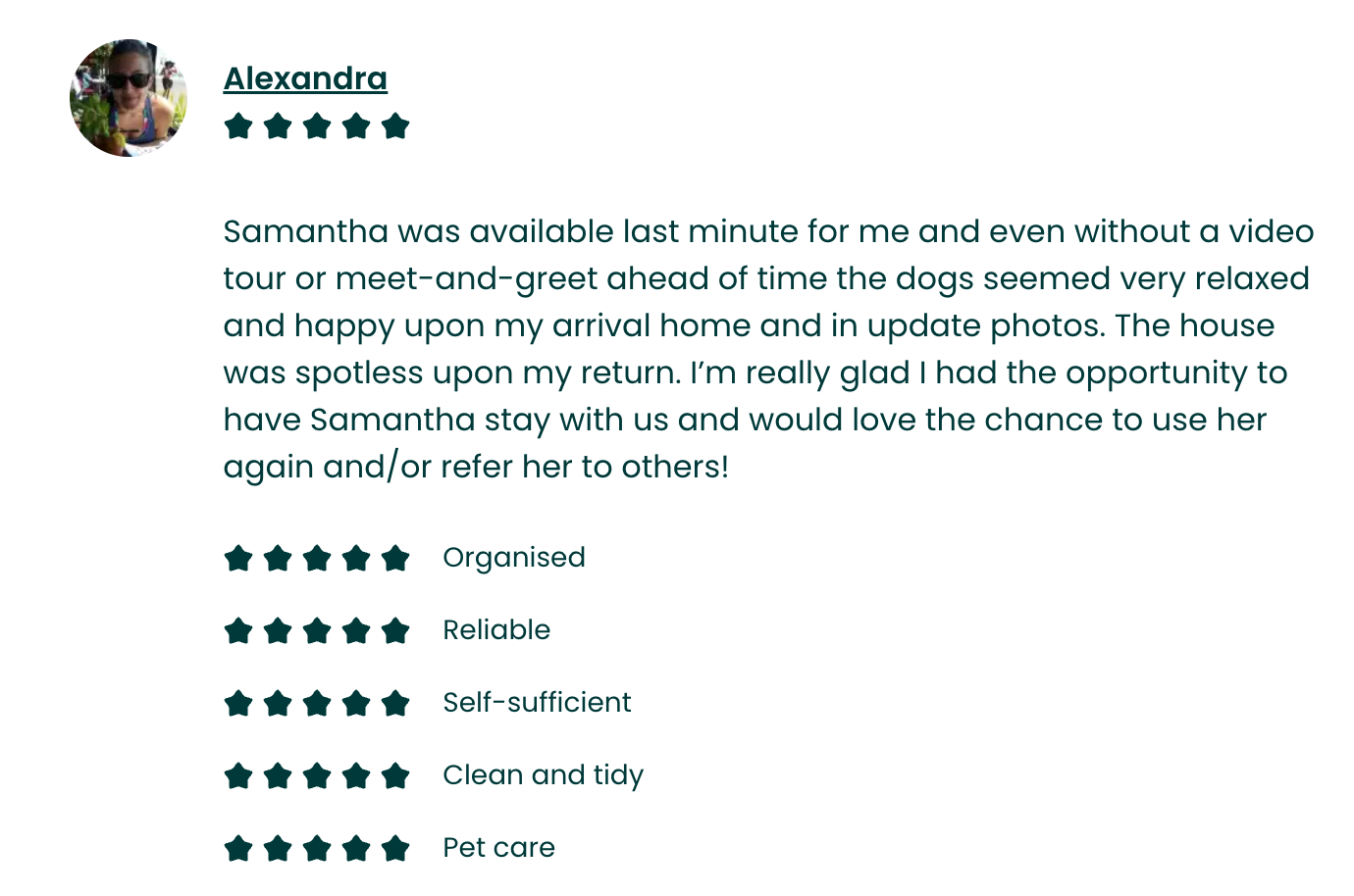 Customer review with star ratings for pet care services, including organized, reliable, self-sufficient, clean, and tidy, with a profile photo of a woman wearing sunglasses and a colorful top.