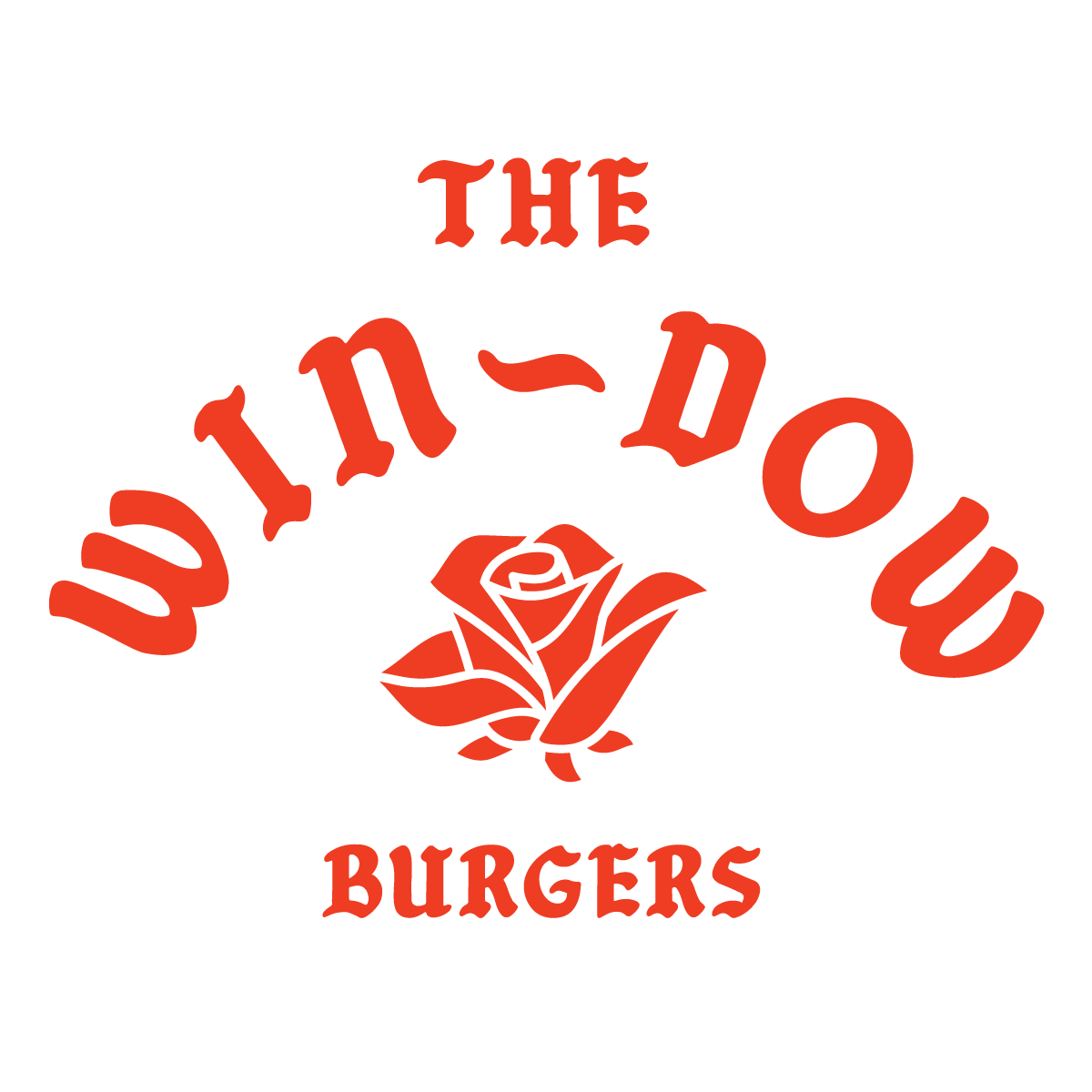 Logo for 'The Wind-Down Burgers' featuring a red rose in the center with the text arranged above and below in curved red font.