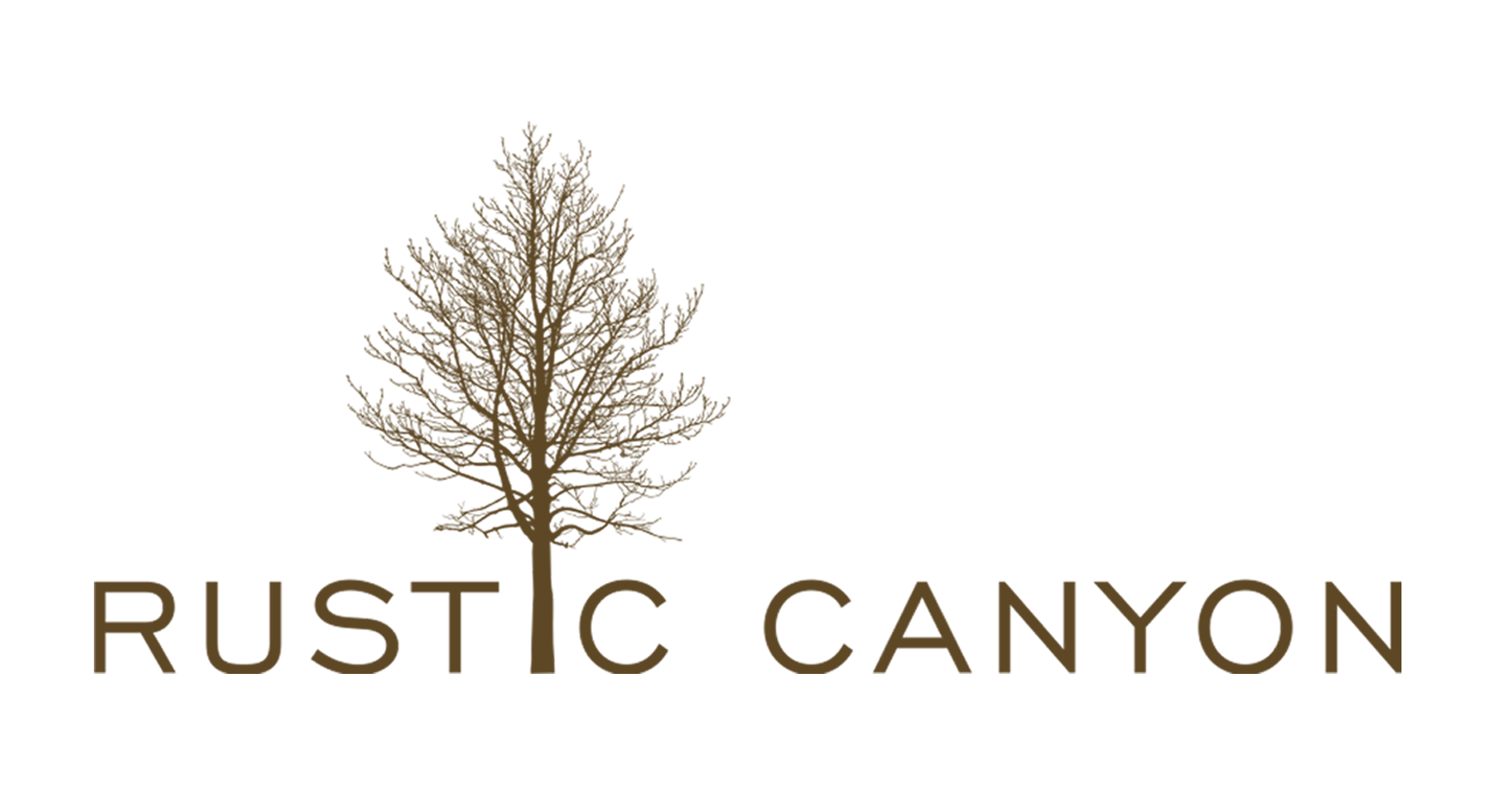 Logo for Rustic Canyon featuring a brown outline of a leafless tree above the words "Rustic Canyon" in brown text.