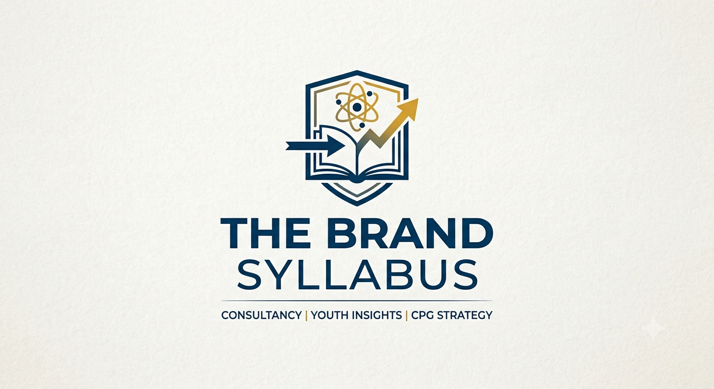 Logo with open book, atomic model, and upward arrow, accompanied by text 'The Brand Syllabus' and subtext 'Consultancy | Youth Insights | CPG Strategy'.