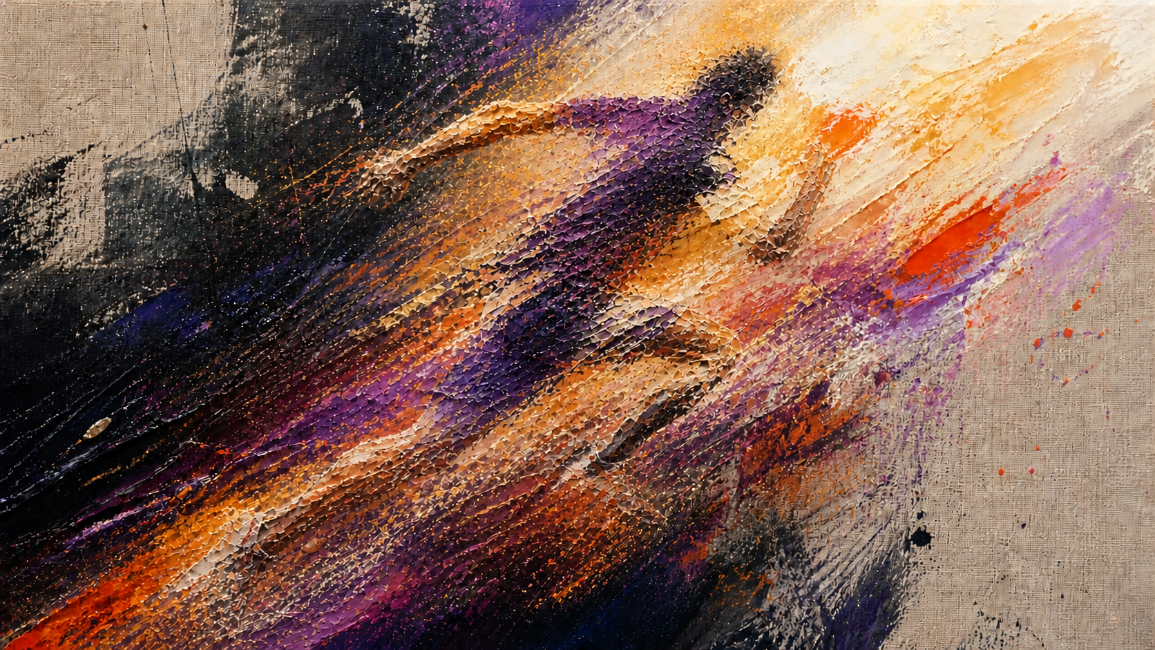 Abstract painting with bold brushstrokes in black, purple, orange, peach, and beige, creating a textured, dynamic composition.