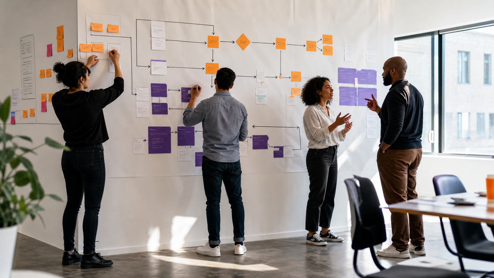Group of four people collaborating on a project in a modern office with a whiteboard covered in diagrams, flowcharts, and sticky notes.