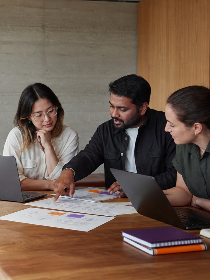 Three people sitting at a table looking at and discussing printed documents, with laptops and notebooks nearby.