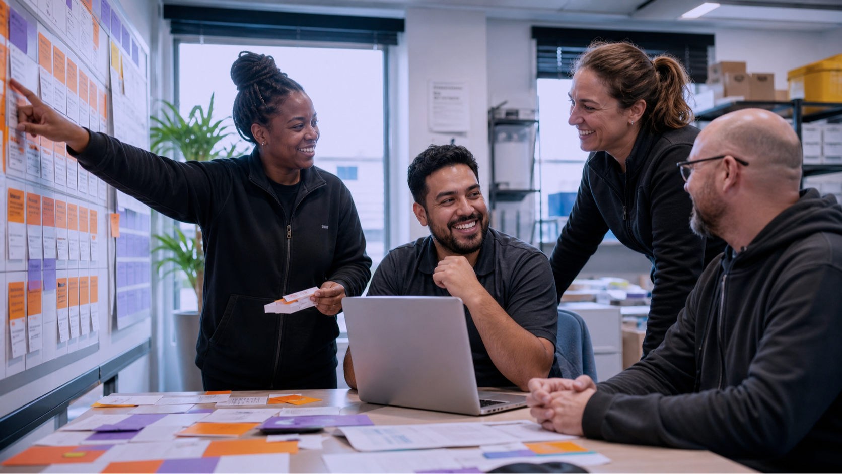 Four colleagues collaborating in a modern office, discussing and pointing at a large wall of colorful sticky notes and papers.