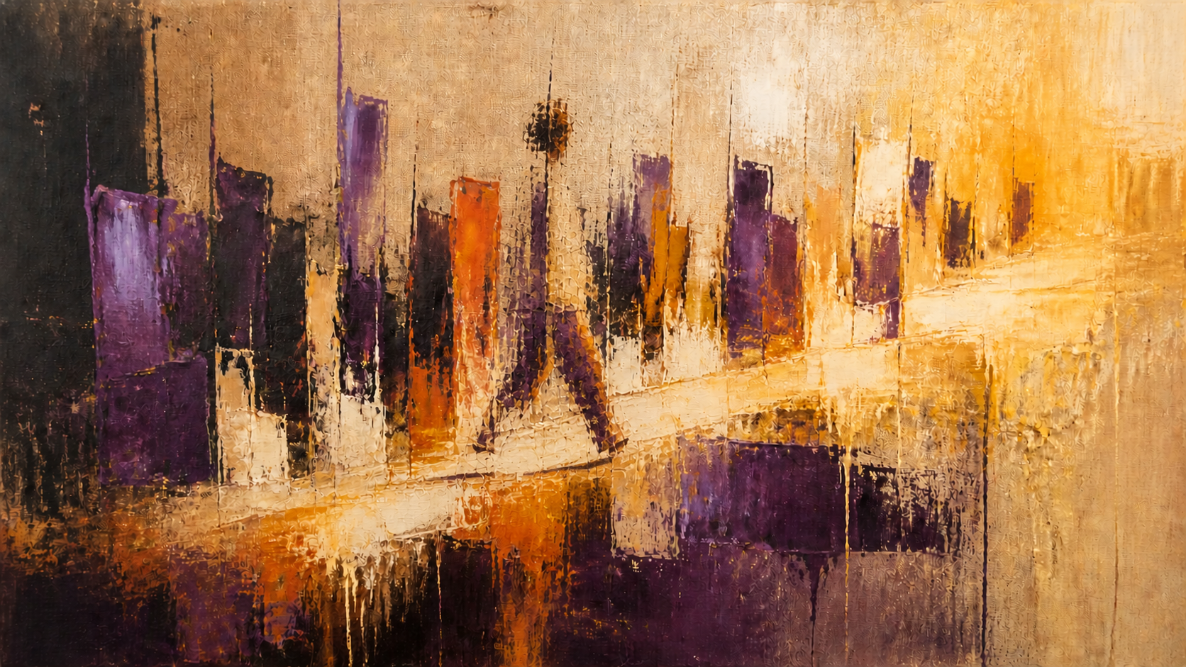 Abstract painting of a city skyline with tall buildings in purple, orange, and beige tones, reflection on water, textured brushstrokes