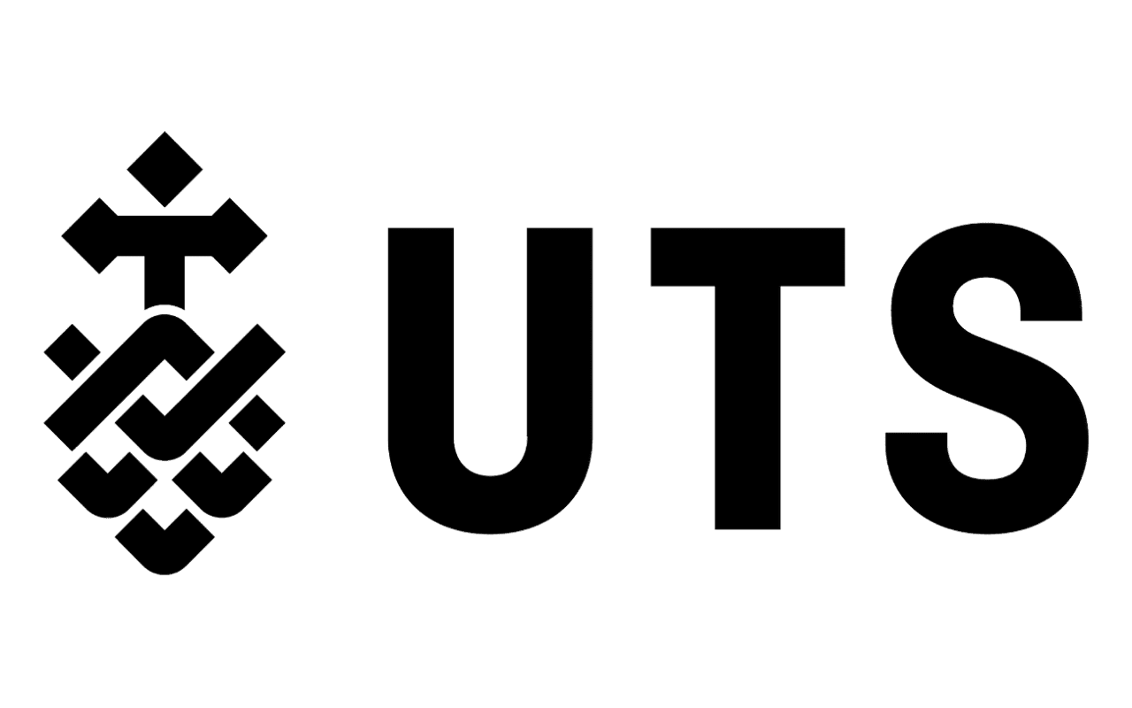 UTS logo featuring a geometric abstract emblem and large black letters on a black background