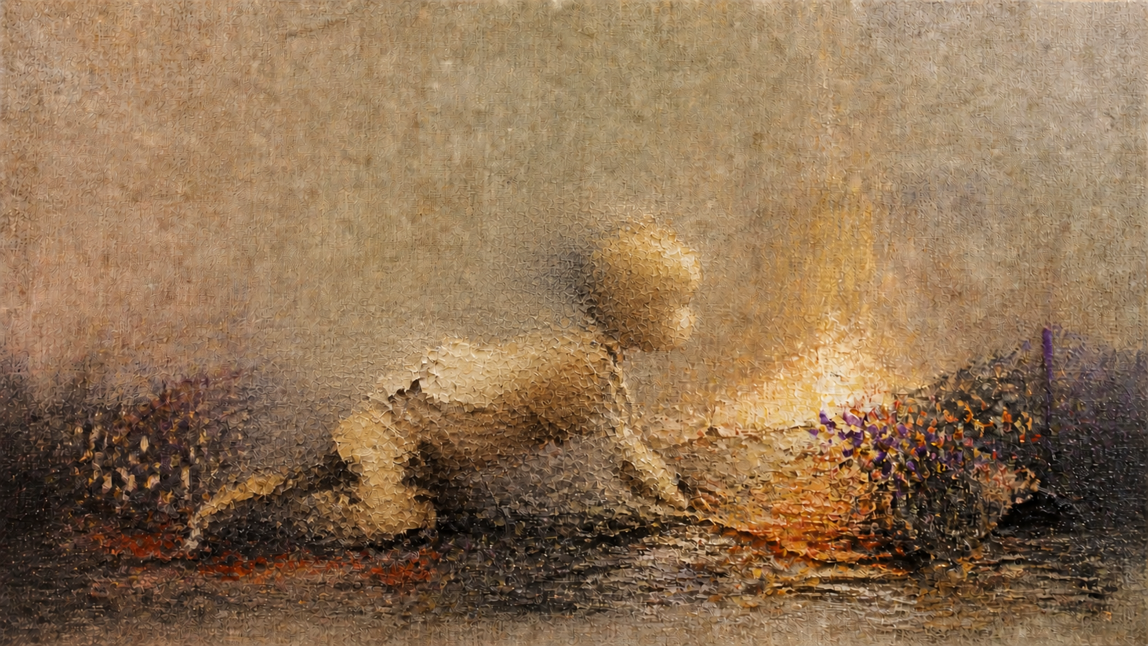 A painting of a nude woman crawling on the ground surrounded by flowers, in a textured, mosaic-like style.