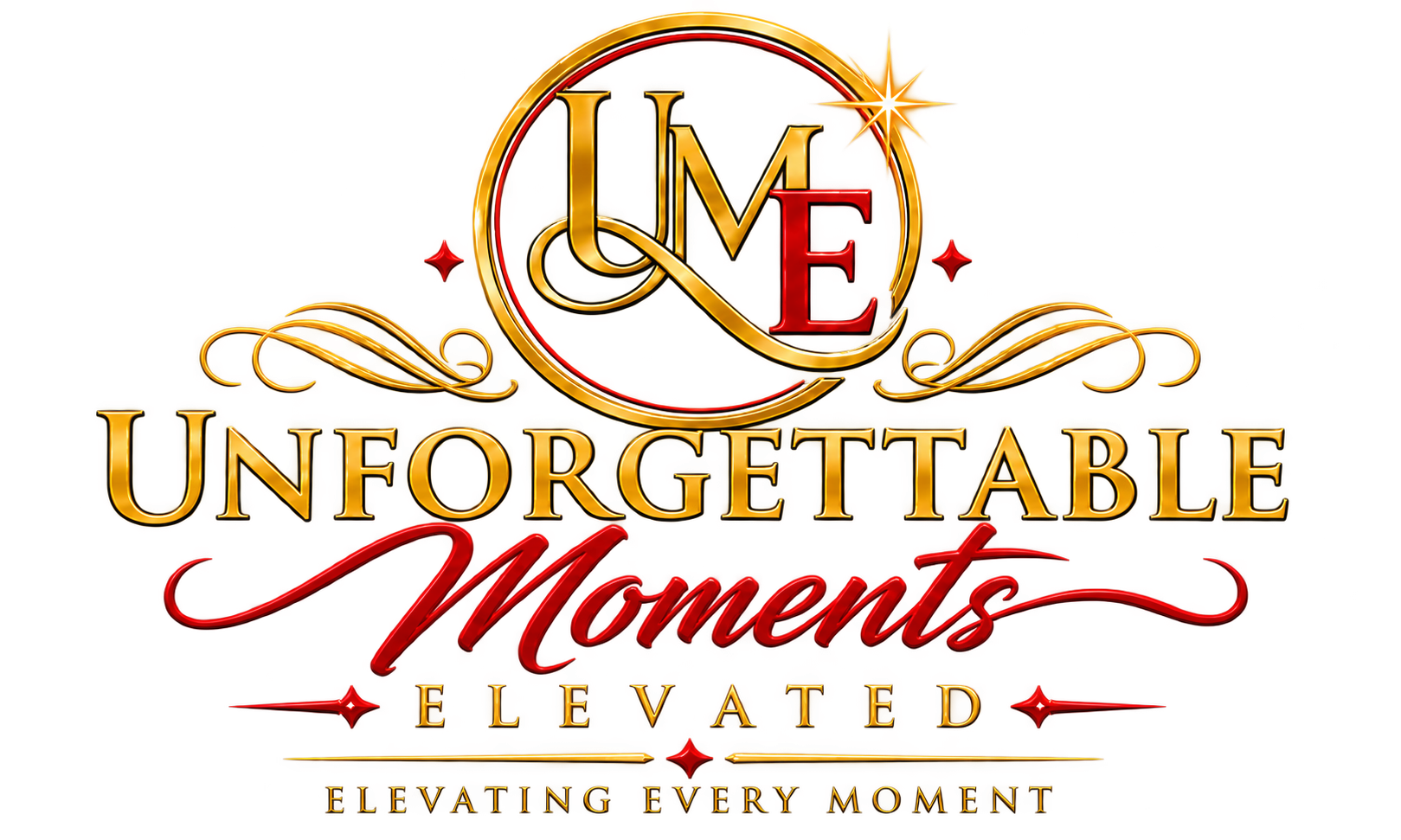 Unforgettable Moments Elevated logo featuring gold and red branding with the tagline “Elevating Every Moment.