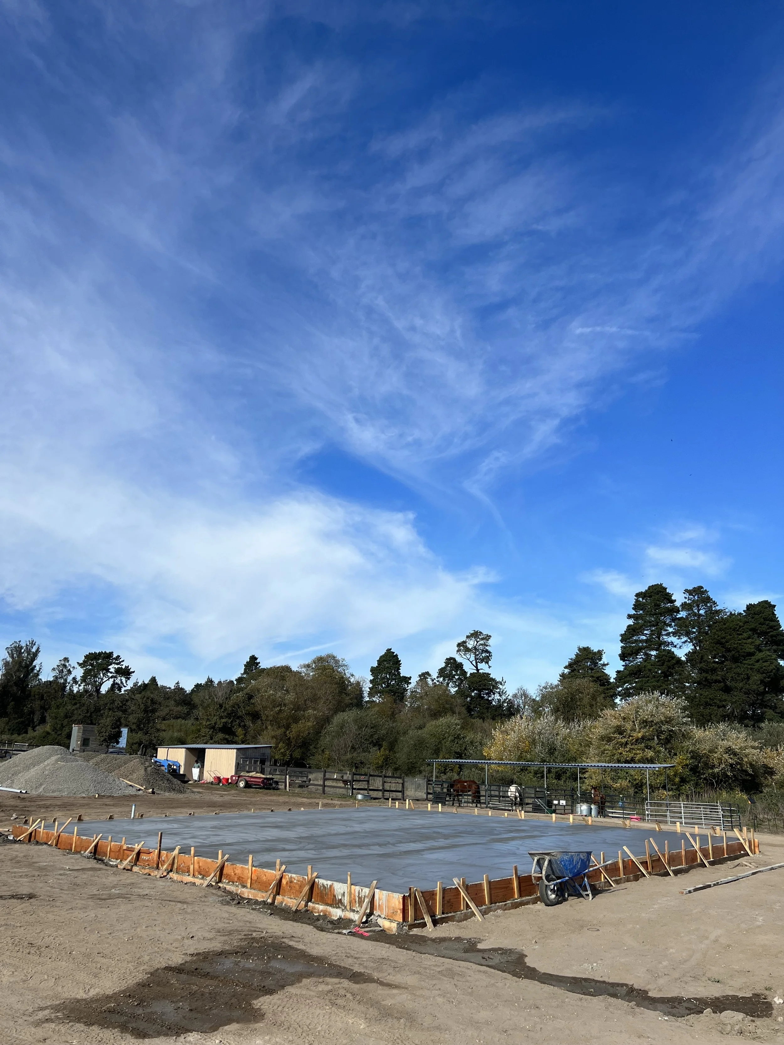Construction site with a concrete foundation, surrounded by wood framing, with trees and a blue sky with clouds in the background.