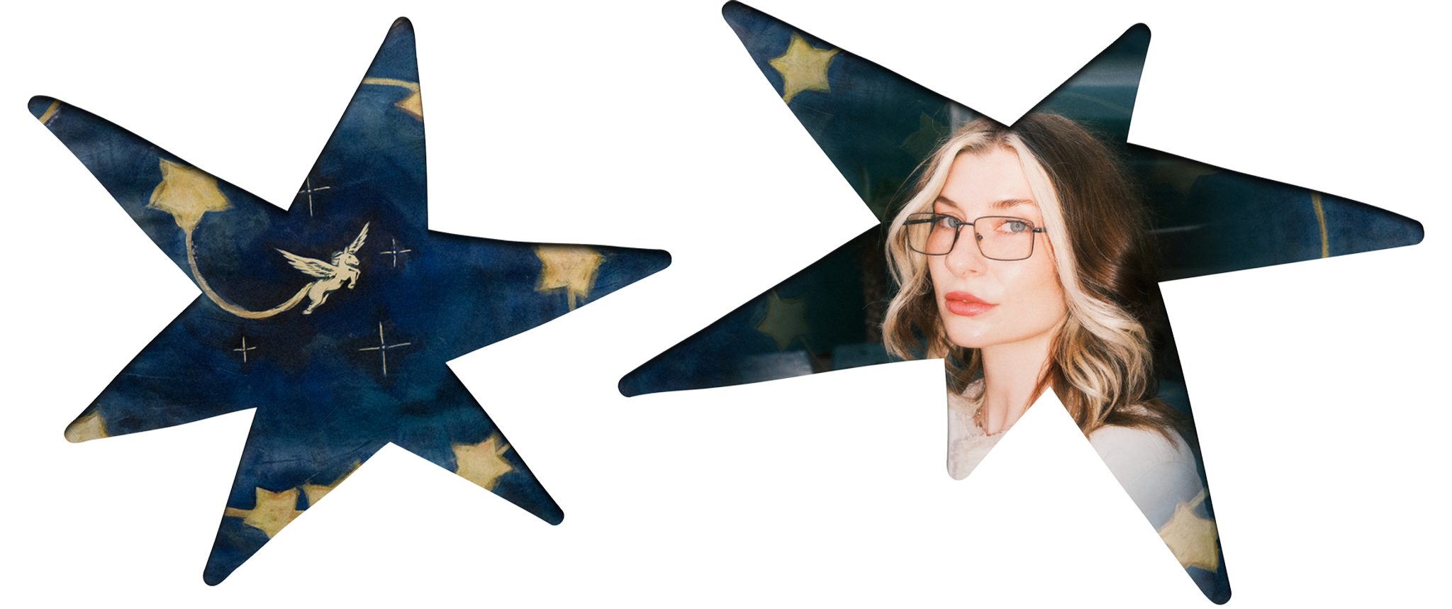 A collage of celestial-themed stars, with a woman's portrait inside one of the stars. The woman has blonde and brown hair, wears glasses, and has a neutral expression.